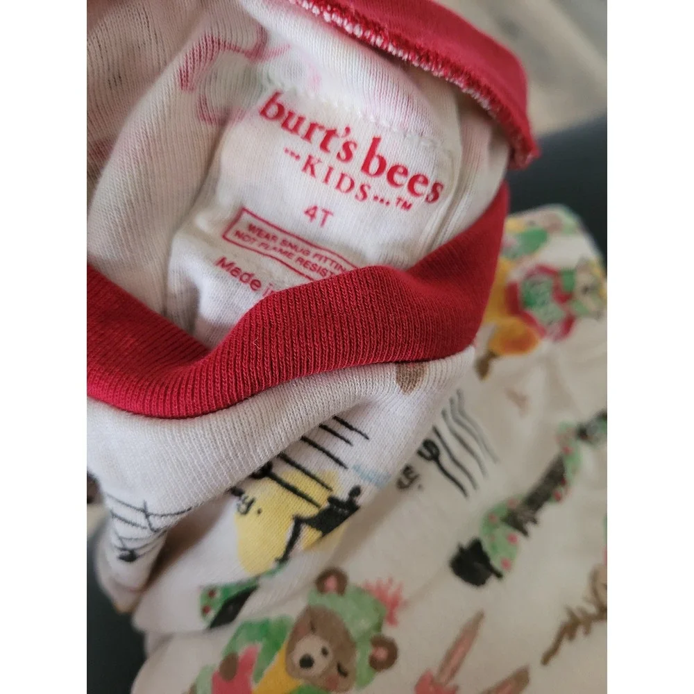 Burts Bees Kids 4T Organic Cotton Christmas Carol Animal Pajama Set White Red #2